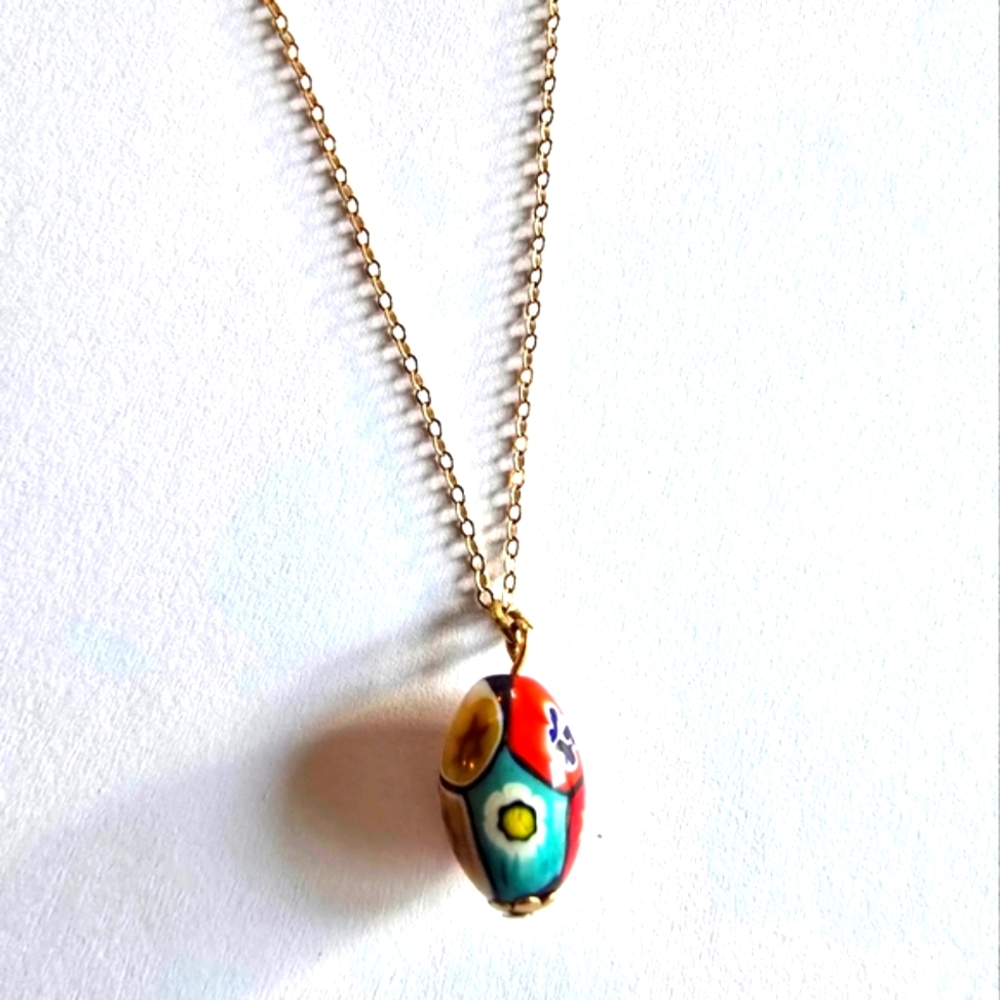 Vintage glass bead necklace gold fill chain red millefiori